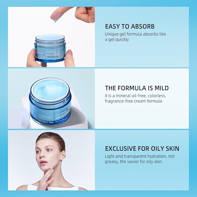 2PCS Hyaluronic Acid Hydrating Water Gel,face Moisturizer Exclusive For Oily Skin，deep Hydration,lang-lasting Moisturizer Face Water Gel, Colorless,mineral Oil Free,2 * 1.76 Fl. Oz