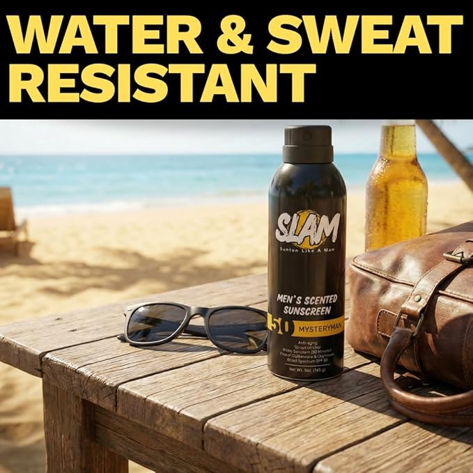 SLAM BeachMan Men's Scented Sunscreen Spray – Broad Spectrum SPF 50, Water & Sweat Resistant, Mens Sunblock, UVA/UVB Protection – Cedarwood Scented Sunblock for Body (SPF 50)