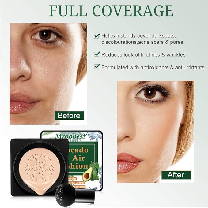 Mroobest BB Air Cushion, Avocado BB Cream, CC Cream, All-Day Lasting Nude Makeup Foundation, with Mushroom Air Cushion, Even Skin Tone Makeup Base, Easy to Apply, Thin, Moist