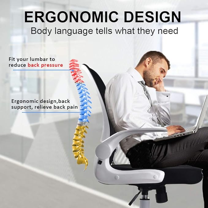 IPKIG Foldable Office Chair - Home Office Desk Chairs with Wheels and Flip-Up Arms - Ergonomic Backrest Mesh Computer Chair Adjustable Swivel Rolling Home Executive (White)