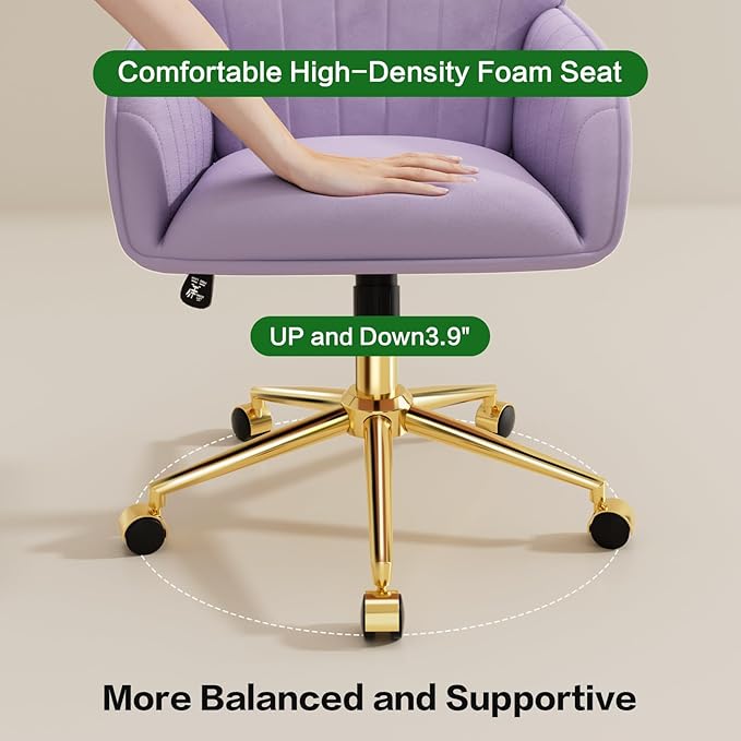 Home Office Desk Chair Comfy with Adjustable Swivel Wheels, Modern Velvet Makeup Vanity Chair with Back & Pillow, Ergonomic Office Chair Computer Task Chair for Living Room, Bedroom, Purple