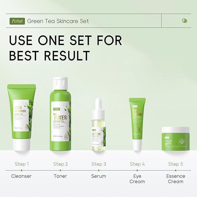 Green Tea Skincare Set, Soothe Facial Kit for Women/Teenage Girls with Cleanser, Toner, Serum, Eye Cream and Face Cream, Deep Cleaning, Oil Control, Moisturize Skincare Gifts Kits For Teen Girls
