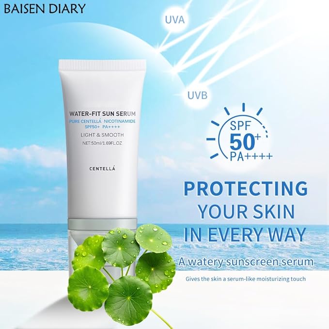 2PCS Centella Sunscreen SPF 50 PA++++, Hyalu Cica Water-Fit Sun Serum, Lightweight Sunscreen with Centella Asiatica, Hydrating & Non-Greasy Sun Protection for Sensitive Skin