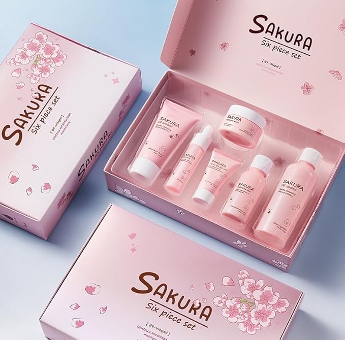 Sakura Skincare Kit Teen Girls Gifts - 6 Pcs Cherry Blossom Skin Care Set Travel Size Toiletries - Moisturize & Repair Skin, 10-12 - Facial Kit with Cleanser, Toner, Lotion, Serum, Cream & Eye Cream