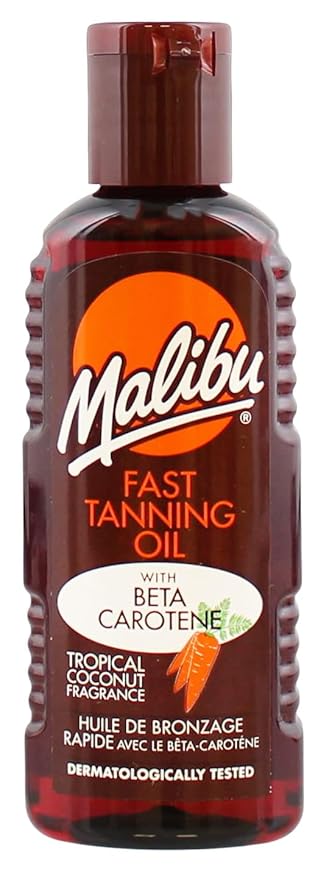 Malibu Sun Fast Tanning Oil - Tan Accelerator for Outdoor/Tanning Bed, Beta Carotene Carrot Extract & Vitamin E for Moisture & Hydration, Water-Resistant, Coconut, Cruelty-Free, Made in UK (3.4 Fl Oz)