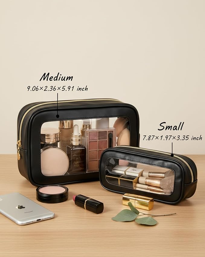 2Pcs Clear Makeup Bags Set, Clear Travel Makeup Brush Holder Leather Makeup Case Toiletry Bag with Zipper Portable Cosmetic Pouch Waterproof Makeup Brush Storage Bag Car Bag for Essentials (Black Set)