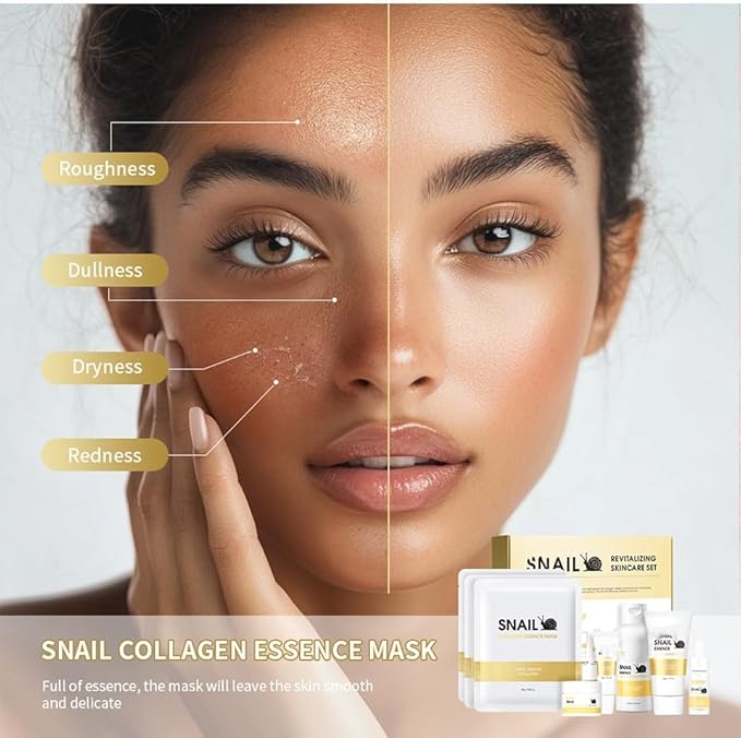 6pcs Snail Essence Skin Care Kit, with Cleansing Gel, Toner, Eye Cream, Serum, Essence Cream and Face Mask Korean Skin Care Set, Moisturizing & Nourishing, Minimizes the Look of Wrinkles