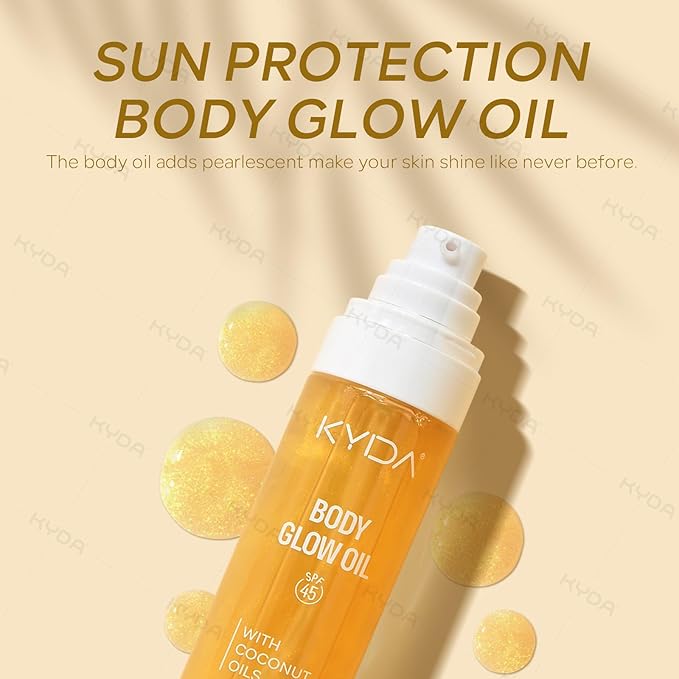 KYDA Glow Sunscreen Kit, Includes SPF 45 Body Glow Oil + Sheer Body Sunscreen Spray, Summer Beach Essentials Gift Set, Water Resistant, Moisturizing, GOLD