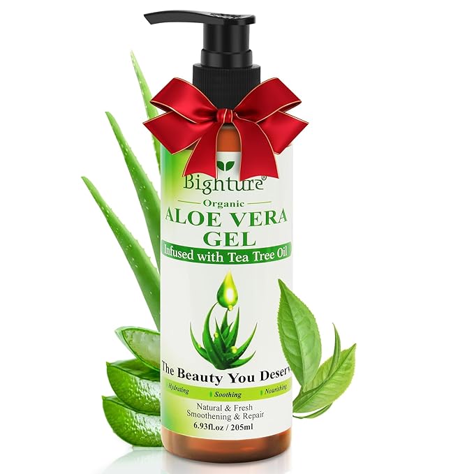 Aloe Vera Gel with Tea Tree Oil for Face & Body, Freshly-cut Aloe Vera Gel Ideal for Skin, Scalp, & Hair Hydration, Calming Moisturizer for Soothing After Sun Care Relief, 6.93 oz