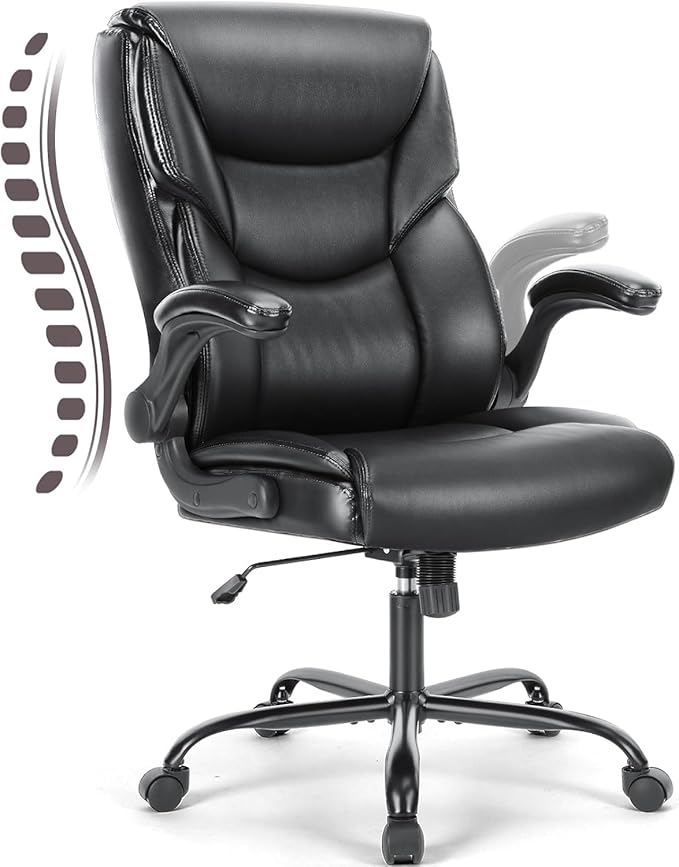 DUMOS Office Chair - Ergonomic Executive Computer Desk Chairs with Adjustable Flip-up Armrest, Swivel Task Chair with Lumbar Support, Strong Metal Base, PU Leather, Black