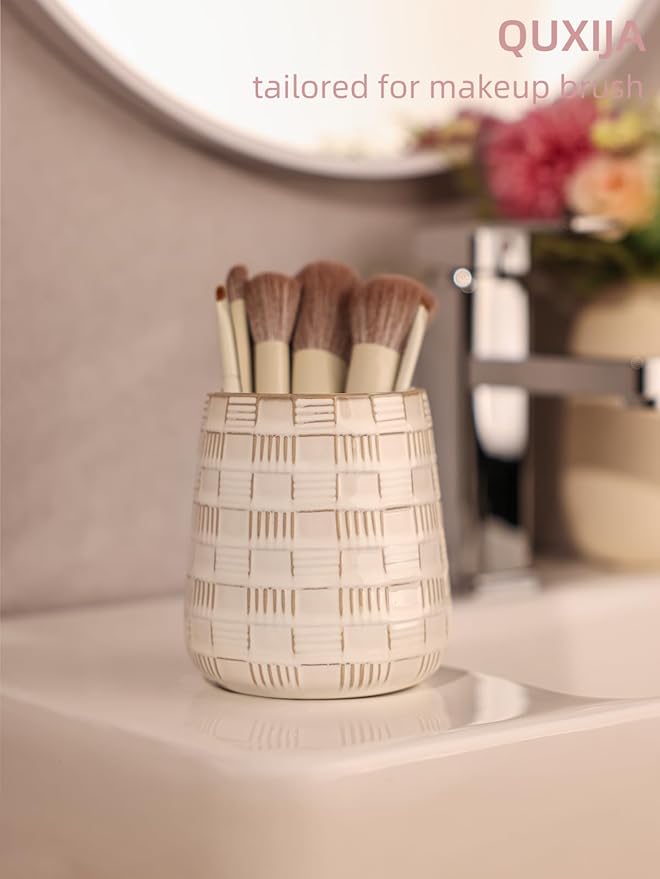 Ceramic Makeup Brush Holders, Bathroom Vanity and Countertop,Make up Brushes Cup for Cosmetics, Lipsticks, Bathroom Vanity Desktop Storage (Vintage White)
