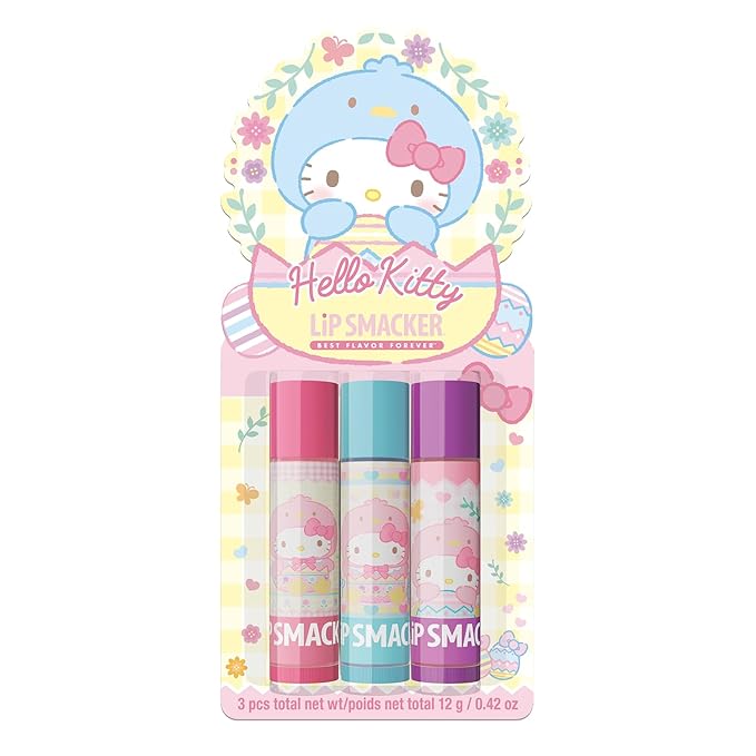 Lip Smacker Hello Kitty Lip Balm Trio, Adorable Sanrio Collectible, Moisturizing & Nourishing Fruity Flavors, Guavalicious Day, Raspberry Roll, Cherry Sweet- Blue