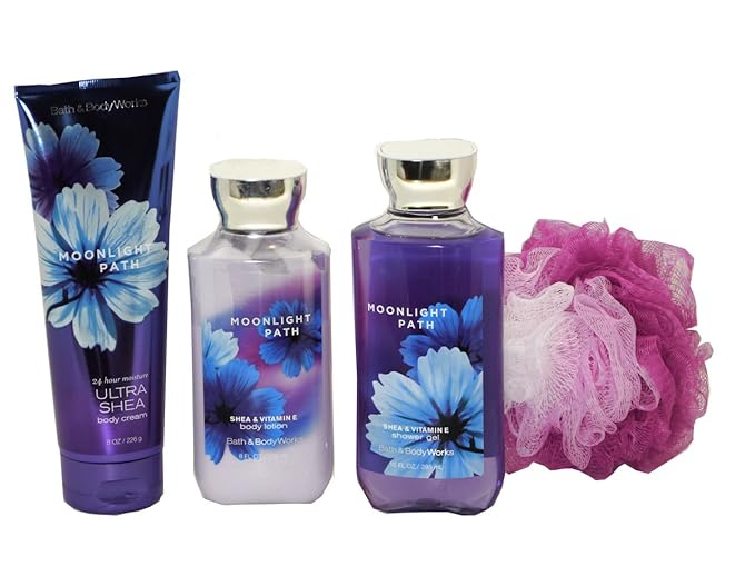 Bath & Body Works Signature Collection Moonlight Path Gift Set - Bundle - 4 items: Ultra Shea Cream, Body Lotion, Shower Gel, and Shower Sponge