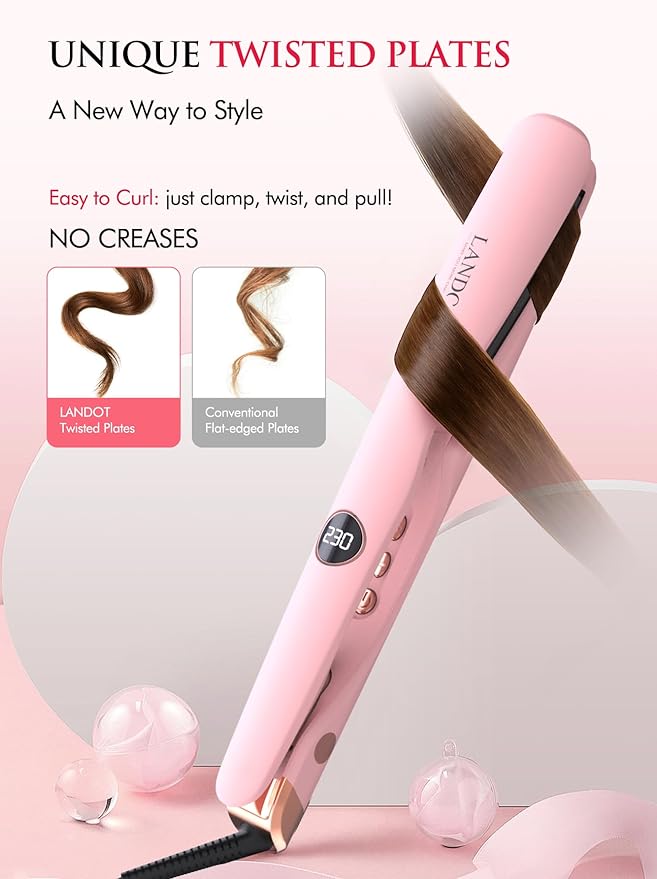 LANDOT 2-in-1 Hair Straightener and Curler - Pro 1" Multi-Styler with Twist & Curl Technology, Tourmaline Ceramic, Dual Voltage Adjust Temp 250-450°F for All Hair Types, Blush Pink