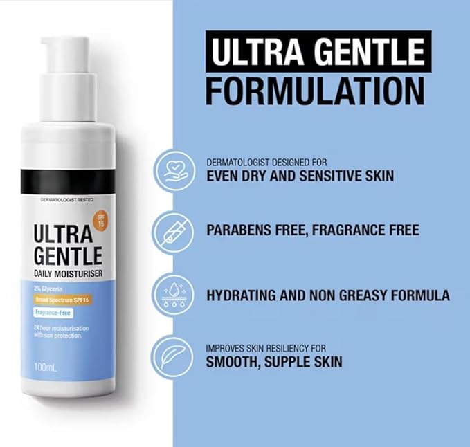 Daily Moisturiser Ultra Gentle SPF 15 | UVA & UVB Protection | Parabens Free | Fragrance Free | Dry & Sensitive Skin | 100ml