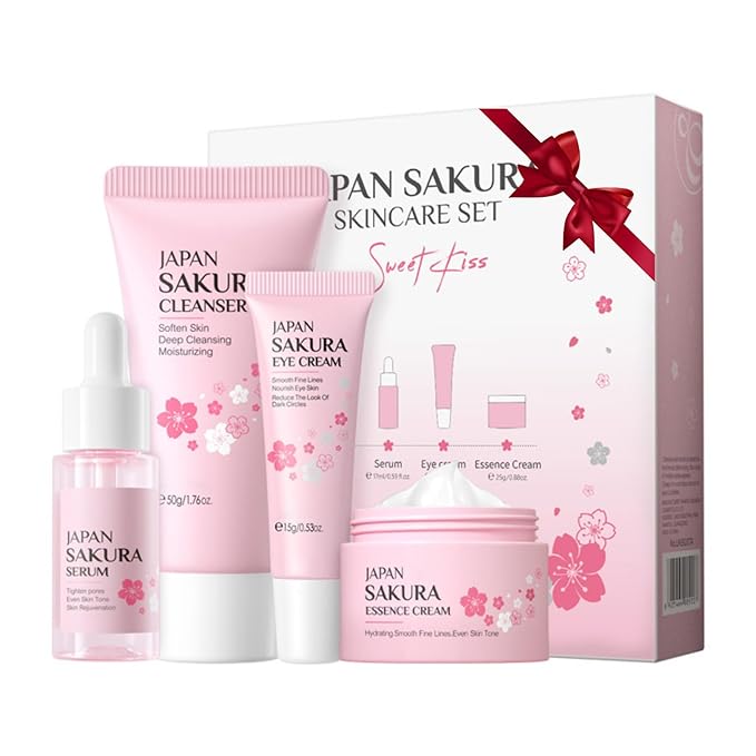 Skin Care Sets for Teenage Girls, Sakura Skin Care Sets & Kits Women Beauty Gift Set with Cleanser, Mud Mask, Toner, Serum, Eye Cream, Facial Cream, and Sunscreen, Birthday Gift for Women and Girls