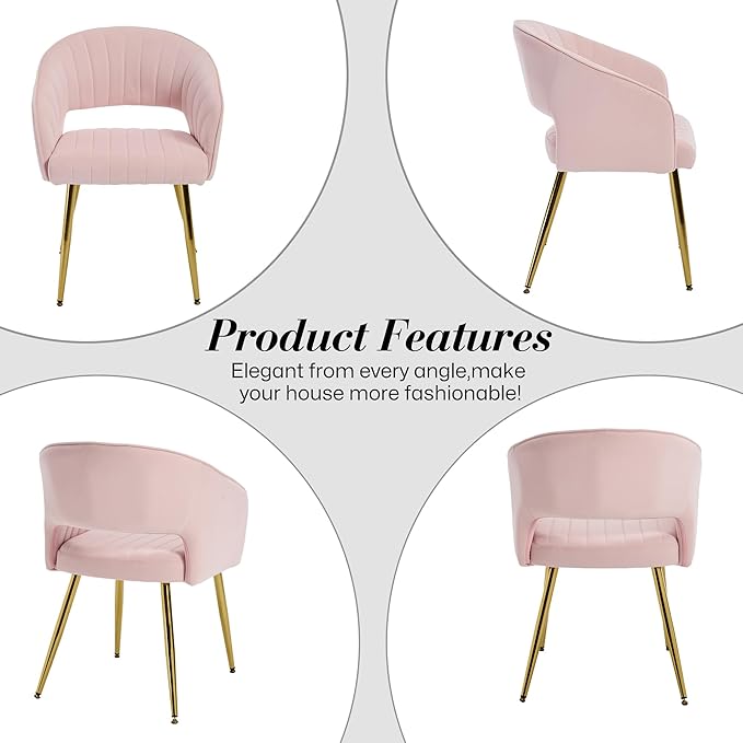 Modern Velvet Vanity Chair, Home Office Desk Chair with Hollow Back, Upholstered Dining Chair with Gold Metal Legs, Comfy Accent Armchair for Living Room Bedroom, Light Pink