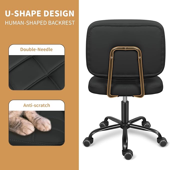 Armless Home Office Desk Chair with Wheels, Modern Ergonomic Drafting Rolling Chair with 360° Swivel Wheels,Height Adjustable Computer Task Chairs for Small Space, Black