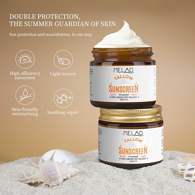 Tallow Sunscreen SPF50, Natural Grass-Fed Beef Tallow Moisturizing Sunscreen SPF 50, Beef Tallow for Skin, Non-Greasy Formula Daily Skin Protection Sun Cream for Face and Body