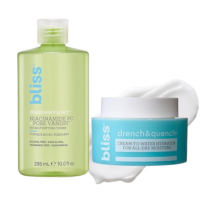 Bliss Dissapearing Act Niacinamide Toner + Drench & Quench Hyaluronic Acid Moisturizer Set