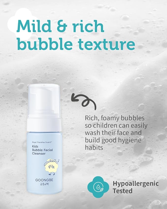 GOONGBE Kids Facial Care Kit - Korean Low pH Bubble Facial Cleanser & Moisture Face Lotion - Face Wash & Moisturizer Set with Cica & Panthenol - Allergen-Free Formula 3.38 fl.oz. & 2.7 oz.