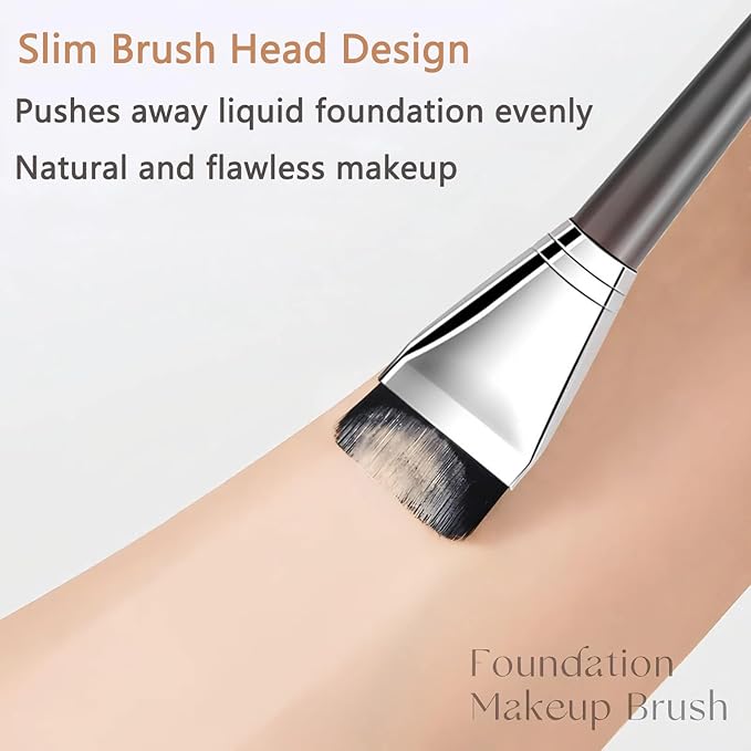 Foundation Brush for Liquid Makeup, Fast Flawless Flat Top Kabuki Makeup Brushes Face Cosmetics Brush Ultra Thin Facial Brush Long Wood Handle Design for Liquid Foundation, Blending Cream,Black