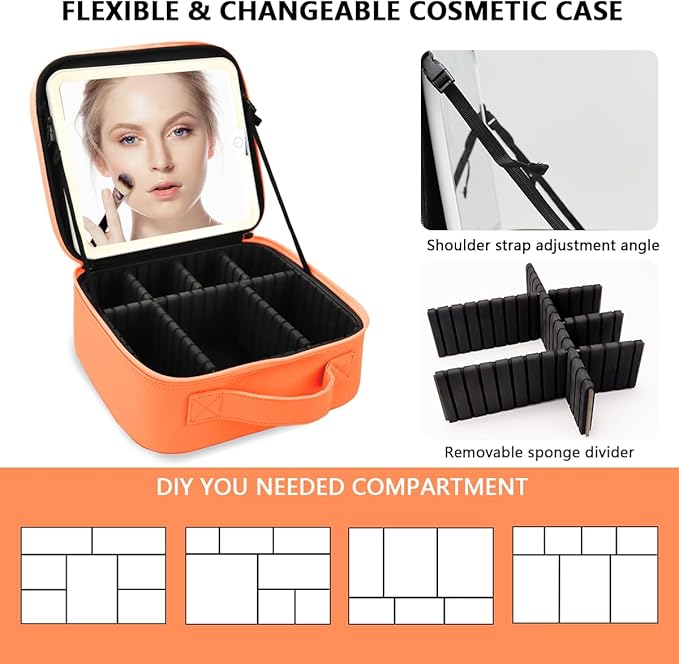 Makeup Bag with Mirror,with Mirror 3 Color Setting and Detachable 10x Magnifying Mirror Large Vanity Makeup Cases,Portable Storage and Adjustable Dividers, for Women and Makeup Artists-Orange