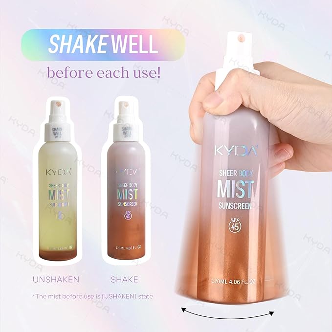 KYDA Sheer Body Sunscreen Mist, SPF 45, Radiant Glow Sunscreen Spray, Infused with Shimmer Body Oil, Ultra-fine Glowing Mist, Quick Drying, Lightweight Hydrating Spray, ROSE, 4.06 fl oz