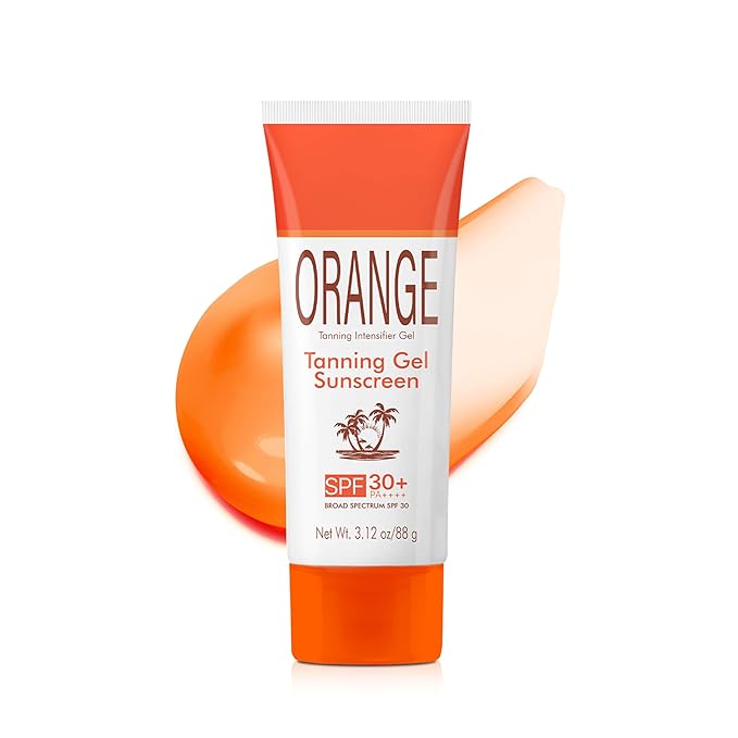 Orange Tanning Gel Sunscreen SPF 30+ – Hydrating Balm-to-Oil Bronzing Formula with Coconut Oil, Vitamin E & A – Non-Greasy Sunblock for Smooth, Glowing Skin – 3.12 oz (1)