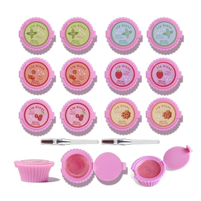 12 Pcs Cupcake Lip Gloss for Girls Party Favors Lip Balm Set Assorted Fruity Favors Cute Cupcake Designs Birthday Gift