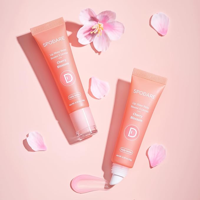 Lip Glowy Balm Cherry Blossom, Lip Gloss enriched with Shea Butter, Wolfberry Extract & Hyaluronic Acid Complex for Plumping Finish - Light Weight Travel Size for Men and Women