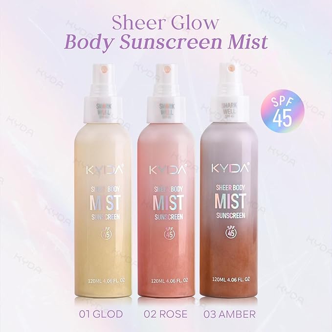 KYDA Sheer Body Sunscreen Mist, SPF 45, Radiant Glow Sunscreen Spray, Infused with Shimmer Body Oil, Ultra-fine Glowing Mist, Quick Drying, Lightweight Hydrating Spray, ROSE, 4.06 fl oz