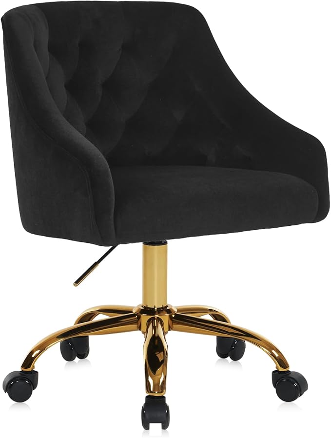 MOJAY Velvet Office Swivel Chair, Vanity Fabric Desk Pretty Fancy Gold Office Chairs for Girls, 360°Swivel Height Adjustable Reception Chair (Black)