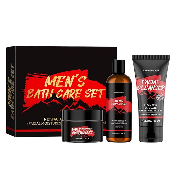 Bath and Skin Care Gift Set for Men, 3 Pieces Nourishing Facial and Body Care Kit Includes Face Wash, Shower Gel, Moisturizer, Valentines Fathers Day Birthday Gifts for Husband Dad Boyfriend Him