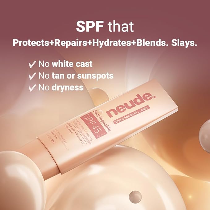 Neude Sunstoppable Sunscreen With Spf 45 Pa+++ & No White Cast For Men & Women, Daily Use Broad-Spectrum Protecting & Repairing Sunscreen Moisturizer, Blue Light Protection, Paraben-Free, 50Ml