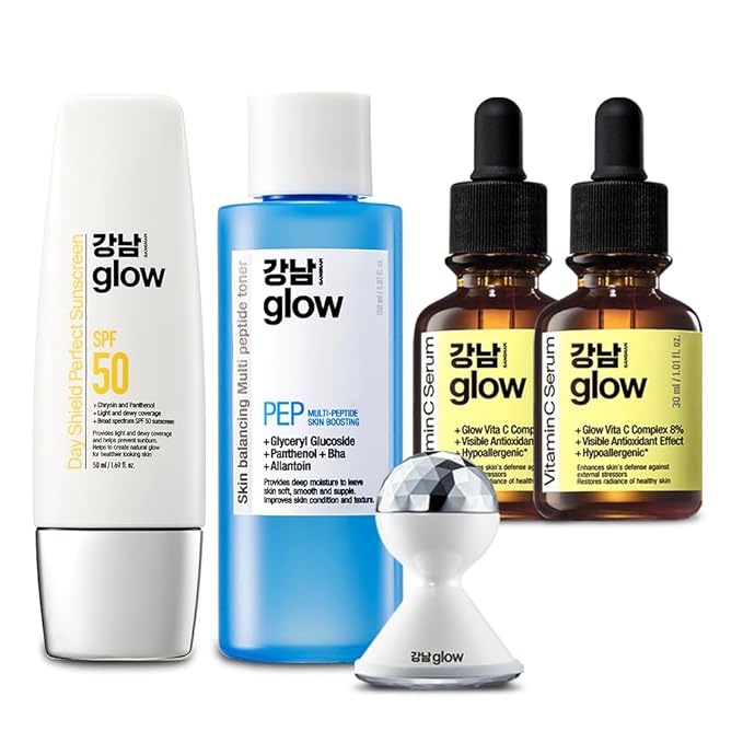 Day Shield Perfect Sunscreen SPF 50 & Vitamin C Serum 1.01 oz(Pack of 2) + Galvanic Red LED Booster & Multi-Peptide Skin Boosting Toner - Korean Skin Care
