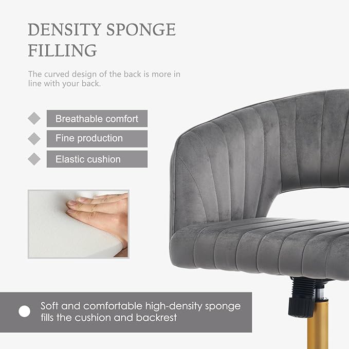 Vanity Chair with Back 360 Swivel Armchair and Gold Base, Criss Cross Chair with Wheels for Vanity Home Office, Living Room, Bedroom and Study (Grey)
