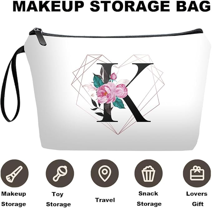 Personalized Initial K floral Makeup Bag set with Mirror for Women,White Ietter travel Cosmetic bag kit for Bride Bridesmaid with10 pieces pink brush set,Initial Gifts for Girls Mom femal Friends
