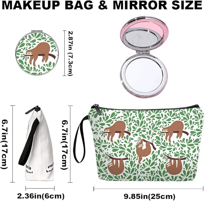 Personalized cute Sloth Makeup Bag set with Mirror for Women,Sloth theme Travel Cosmetic bag kit for Bride Bridesmaid with10 pieces pink brush set,Sloths Stuff Gifts for Women Mom femal Friends