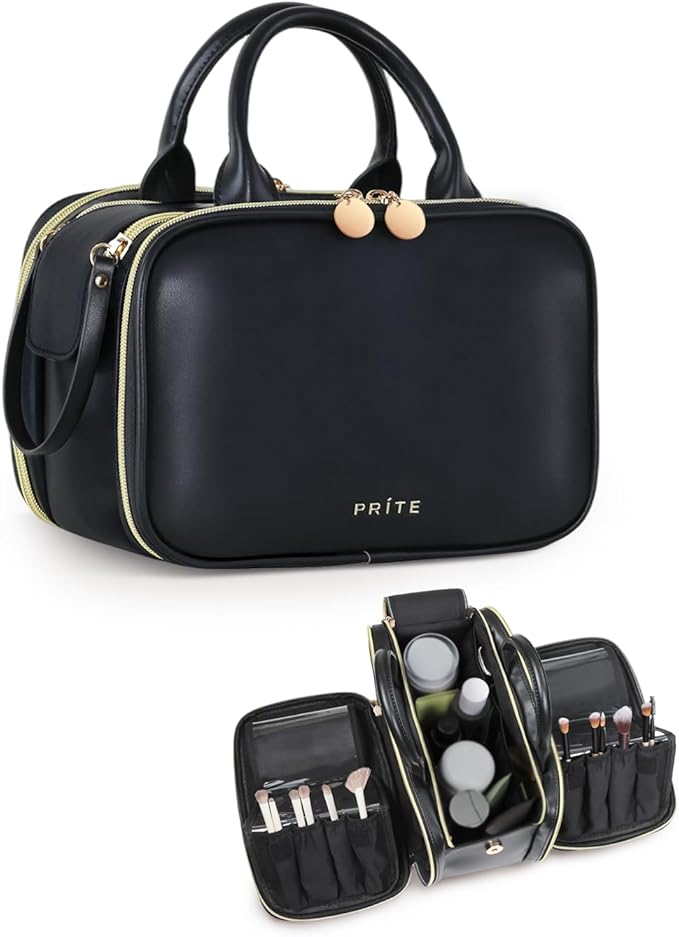 Prite Makeup Bag for Women, Large Capacity Waterproof Travel Cosmetic Organizer, Portable Open Flat Toiletry Bag with Free-standing Brush Holder and Handle(Black Large)