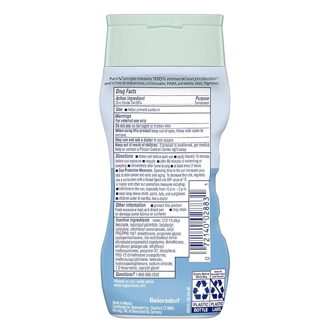 Coppertone Pure and Simple Zinc Oxide Mineral Sunscreen Lotion SPF 50, Water Resistant Sunscreen for Sensitive Skin, Hypoallergenic and Fragrance Free, 6 Fl Oz Bottle, Pack of 2