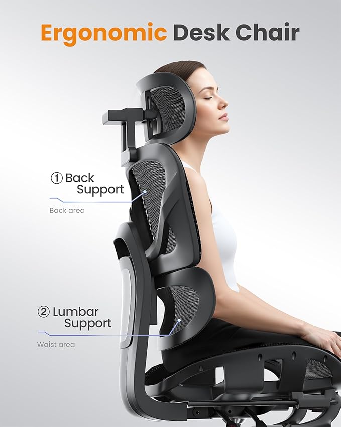 naspaluro Ergonomic Office Chair, High Back Mesh Desk Chair, 350lbs Capacity, Lumbar Support, 3D Armrest Headrest, Footrest, PU Wheels, Swivel Computer Chair for Home Office, Work & Gaming