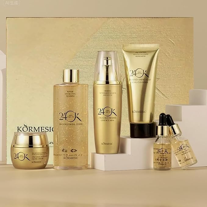 Women’s Gold Skin Care Set 6-Piece Collection - 24K Anti-Aging Skincare Kit: Facial Cleanser, Face Serum 2pcs, Eye Cream, Essence Milk, Toner, Anti-Aging Skin Care Kit for Women