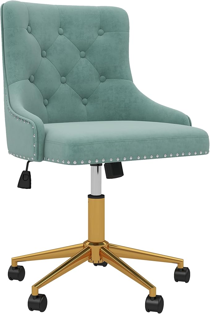 Westice Velvet Desk Chairs, Upholstered Swivel Comfy Makeup Vanity Chair with Tufted Back, Gold Metal Base & Wheels, Height Adjustable Chair for Girls, Bedroom Living Room, Mint Green