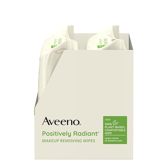 Aveeno Positively Radiant Alcohol Free Makeup Removing Face Wipes, Ultra Soft, Gentle, Non-Comedogenic Facial Cleansing Towelettes Leave Skin Clean & Soft, Sulfate Free, Twin Pack, 2x25 ct