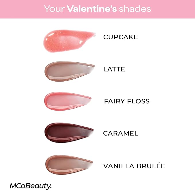MCoBeauty Peptide Lip Treatment Gift Set - Lip Gloss Balm Tint Kit with Peptides Shea Butter for Dry Lips - 5 Piece Cupcake Latte Fairy Floss Caramel Vanilla Scents - Vegan Cruelty Free