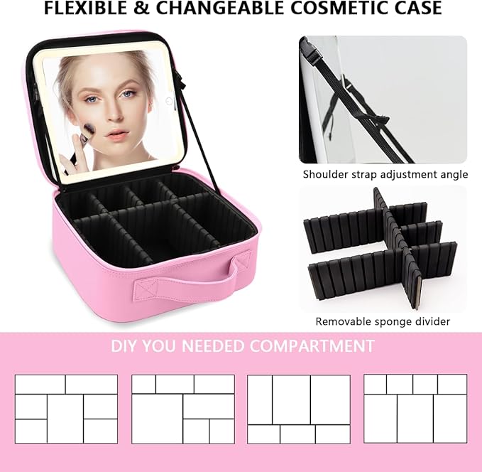 Makeup Bag with Led Mirror,Large Vanity Makeup Cases with 3 Color Setting,Portable Storage and Adjustable Dividers,for Women and Makeup Artists Cosmetic Organizer Travel Makeup Bag-Dark Pink