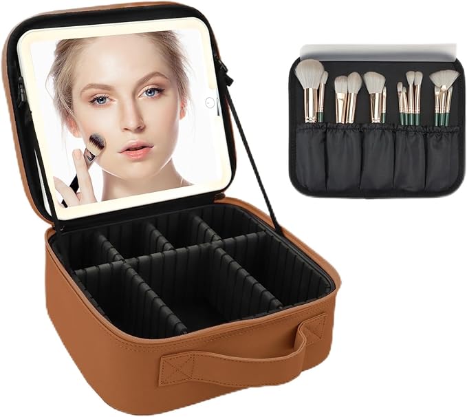 Makeup Bag with Led Mirror,Large Vanity Makeup Cases with 3 Color Setting,Portable Storage and Adjustable Dividers,for Women and Makeup Artists Cosmetic Organizer Travel Makeup Bag-Caramel