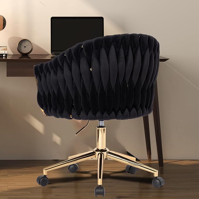 Velvet Office Chair with Hand Woven, Black Vanity Chairs with Golden Wheels, 360° Swivel Home Office Desk Chair Computer Chairs, Accent Chair Makeup Chair for Bedroom, Living Room(Black)