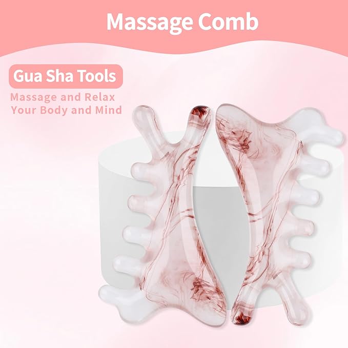 2 Pcs Gua Sha Facial Tools 4-in-1 Guasha Tool for Face Neck Eye Jaw, Amber Resin Massage Comb Head SPA Brush Scalp Massager for Hair Growth Body Tension Relief Lymphatic Drainage